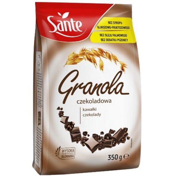 Schokoladenmüsli SANTE ist eine köstliche Mischung aus Vollkorn-Haferflocken mit großen Schokoladen- und Kakaostücken.