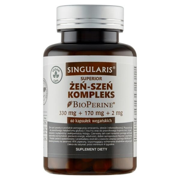 Singularis Ginseng Superior Complex ist ein Nahrungsergänzungsmittel in Kapselform, das Ginsengextrakte kombiniert mit schwarzem Pfefferextrakt enthält.