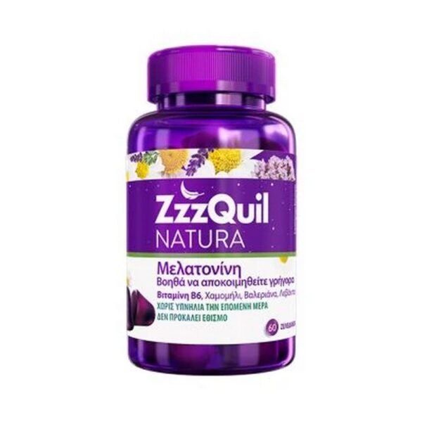 zzzquil natura 60 jellies food supplement with melatonin valerian, lavender and chamomile that fight insomnia and reduces the time to fall asleep without causing addiction.