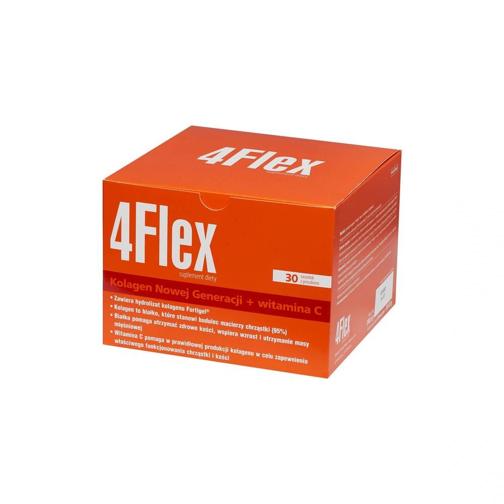 4flex 30 saszetek kolagen nowej generacji z wit c 4Flex contains FORTIGEL® collagen, which is absorbed up to 95% and accumulates mainly in cartilage tissue.