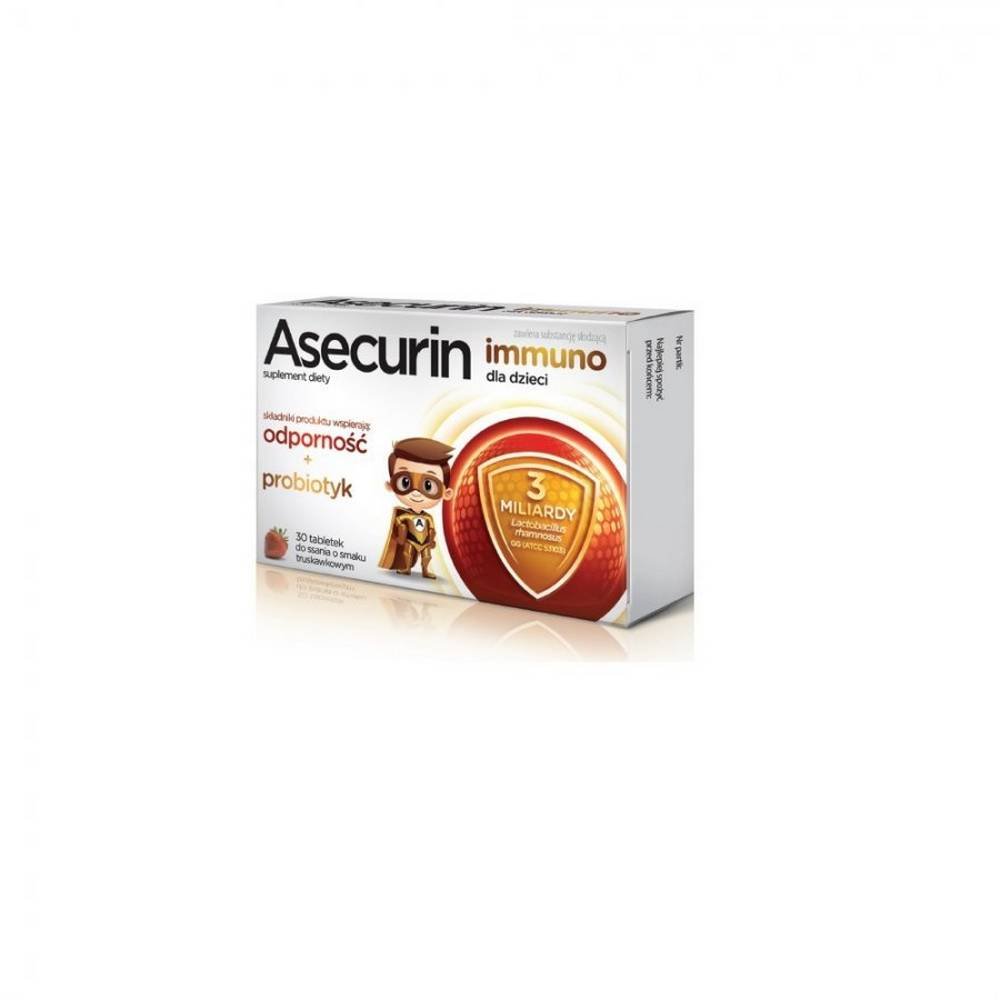 aflofarm asecurin immuno dla dzieci 30 tabl do ssania Asecurin Immuno for children is a dietary supplement in the form of lozenges containing a strain of probiotic bacteria Lactobacillus rhamnosus GG (ATCC 53103), rutoside, selenium, zinc and vitamins D and C.