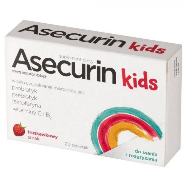 Asecurin Kids is a dietary supplement in the form of lozenges and chewable tablets with strawberry flavor, containing a combination of lactic acid bacteria Lactobacillus reuteri and Lactobacillus rhamnosus GG (ATCC 53103) with the prebiotic inulin and lactoferrin, additionally containing vitamin B2 and vitamin B.