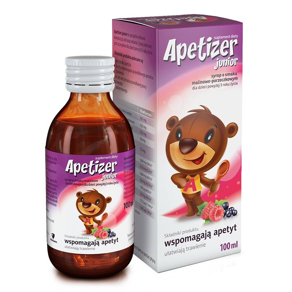 apetizer syrop dla dzieci o smaku malinowo porzeczkowym 100 ml Aperitivo es un complemento alimenticio que contiene composiciones de vitaminas y extractos de hierbas, destinado a los más caprichosos con la comida.