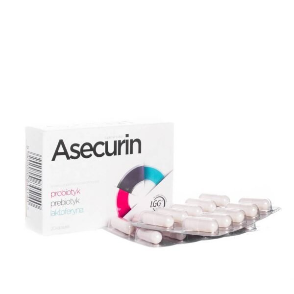 Asecurin is a dietary supplement that contains three strains of probiotic bacteria, a prebiotic and lactoferrin.
