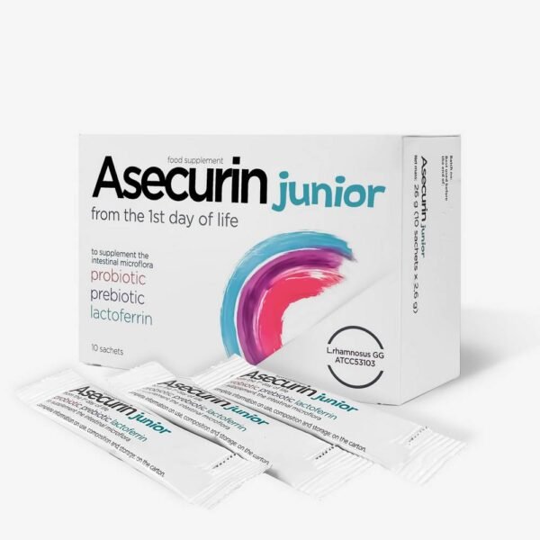 Asecurin Junior is a dietary supplement containing a combination of the probiotic yeast strain Saccharomyces boulardii and lactic acid bacteria Bacillus coagulans and Lactobacillus rhamnosus.