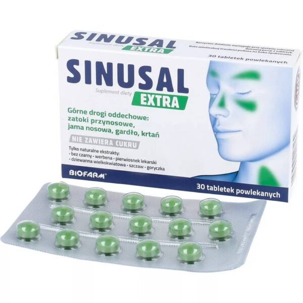 Sinusal Extra is a dietary supplement that acts on the upper respiratory tract, paranasal sinuses, nasal cavity, throat and larynx.