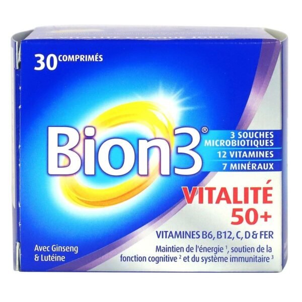 Bion 3 Vitalité 50+ is a food supplement based on 3 TriBion microbiotic strains, vitamins, minerals, lutein and ginseng and blueberry extracts, for maintaining energy1, supporting cognitive function2 and of the immune system3.