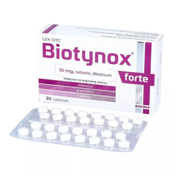 Biotinox Forte is a preparation containing biotin, used as an adjuvant in the treatment, in particular, of hair loss, hair and nail growth disorders, as well as skin inflammations located, for example, around the eyes and nose.