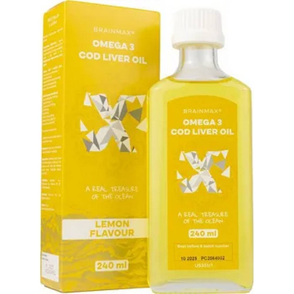 brainmax omega 3 cod liver oil lemon 240 mlbrainmax El aceite de pescado es una de las mejores fuentes de ácidos grasos OMEGA-3 DHA y EPA, ya que estos ácidos grasos menos estables protegen naturalmente contra la oxidación de la vitamina A.