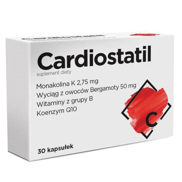 Cardiostatil is a dietary supplement in capsule form containing monacolin K from fermented red rice, bergamot fruit extract (Citrus Bergarnia), B vitamins and coenzyme Q10.