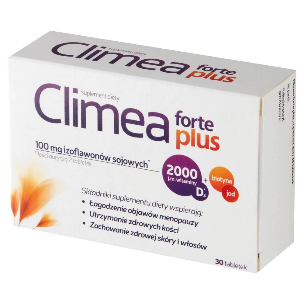 climea forte plus 30 tabl Climea forte plus es un complemento alimenticio que ayuda a aliviar los síntomas de la menopausia, además enriquecido con biotina y yodo.