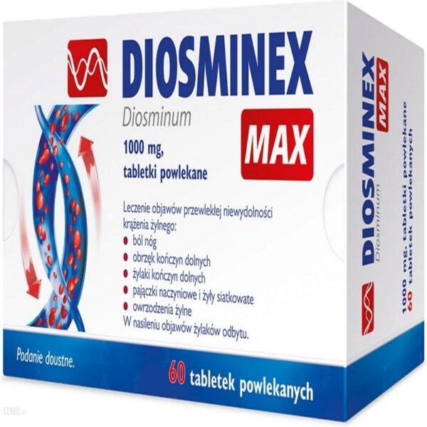 Diosminex Max is a medicinal product containing diosmin, which has a protective effect on blood vessels and can be used to relieve heavy legs and support the treatment of hemorrhoids.