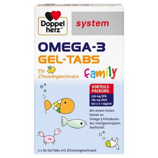 The Doppelherz System Omega-3 Family Gel tabs are mature tablets for chewing with lemon taste. They contain omega-3 fatty acids from highly cleaned sea fishing oils.