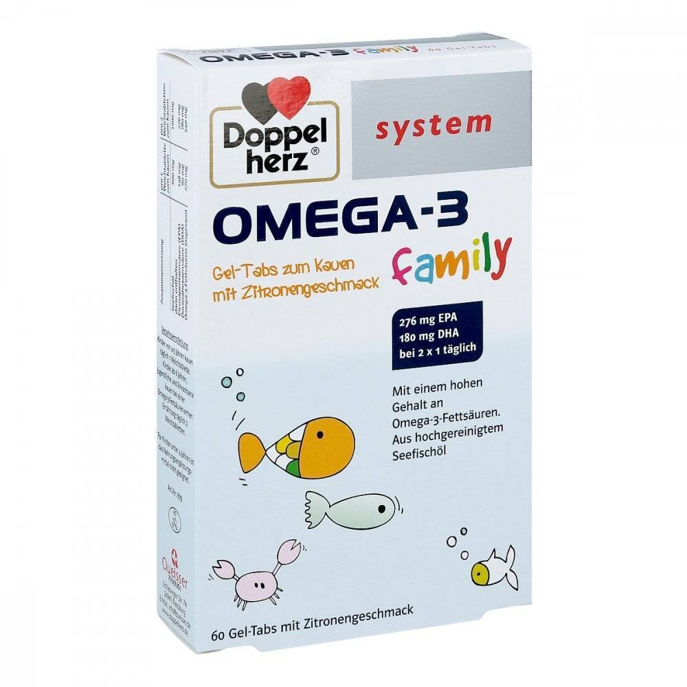 doppelherz omega 3 gel tabs family system 60 pcs Les tablettes de gel de la famille Oméga-3 Doppelherz System sont des comprimés matures à mâcher au goût de citron. Ils contiennent des acides gras oméga-3 provenant d'huiles de pêche en mer hautement nettoyées.