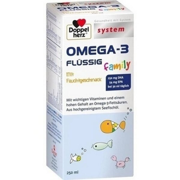 Doppelherz System Omega-3 Family Fluid offers a high content of the omega-3 fatty acids EPA and DHA for young and old. They are sensibly combined with important vitamins in liquid form - immediately ready to drink with delicious fruit taste.