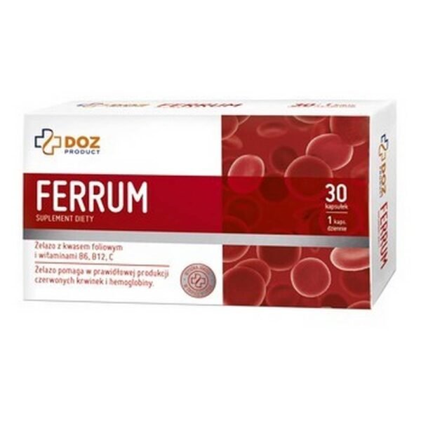 DOZ PRODUCT FERRUM    – dietary supplement containing iron in the form of iron bisglycinate in combination with folic acid and vitamins: C, B6, B12. The product is intended for adults.