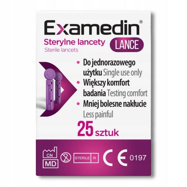 Examedin Lance is a medical product in the form of sterile lancets, compatible with Examedin Safe lancets; the thickness of the blade is 30G (0.3 mm) allowing for a more comfortable and virtually painless examination.