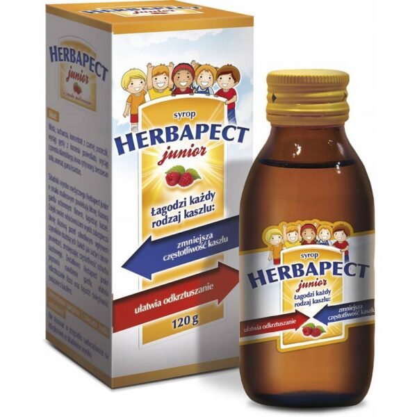 The medical drug Herbapect Junior is a raspberry-flavored syrup that relieves both dry and wet coughs.