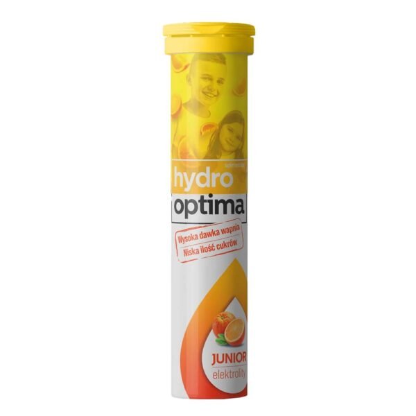 Hydrooptima Junior is a dietary supplement in the form of effervescent tablets containing ingredients that support the maintenance of electrolyte balance, proper muscle function and the maintenance of correct calcium levels in the blood.