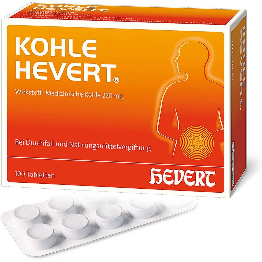kohle hevert tablets 100 pcs Para la diarrea y las intoxicaciones causadas por alimentos, metales pesados y medicamentos. Los comprimidos de Kohl-Hevert no deben utilizarse en caso de intoxicación por plaguicidas.