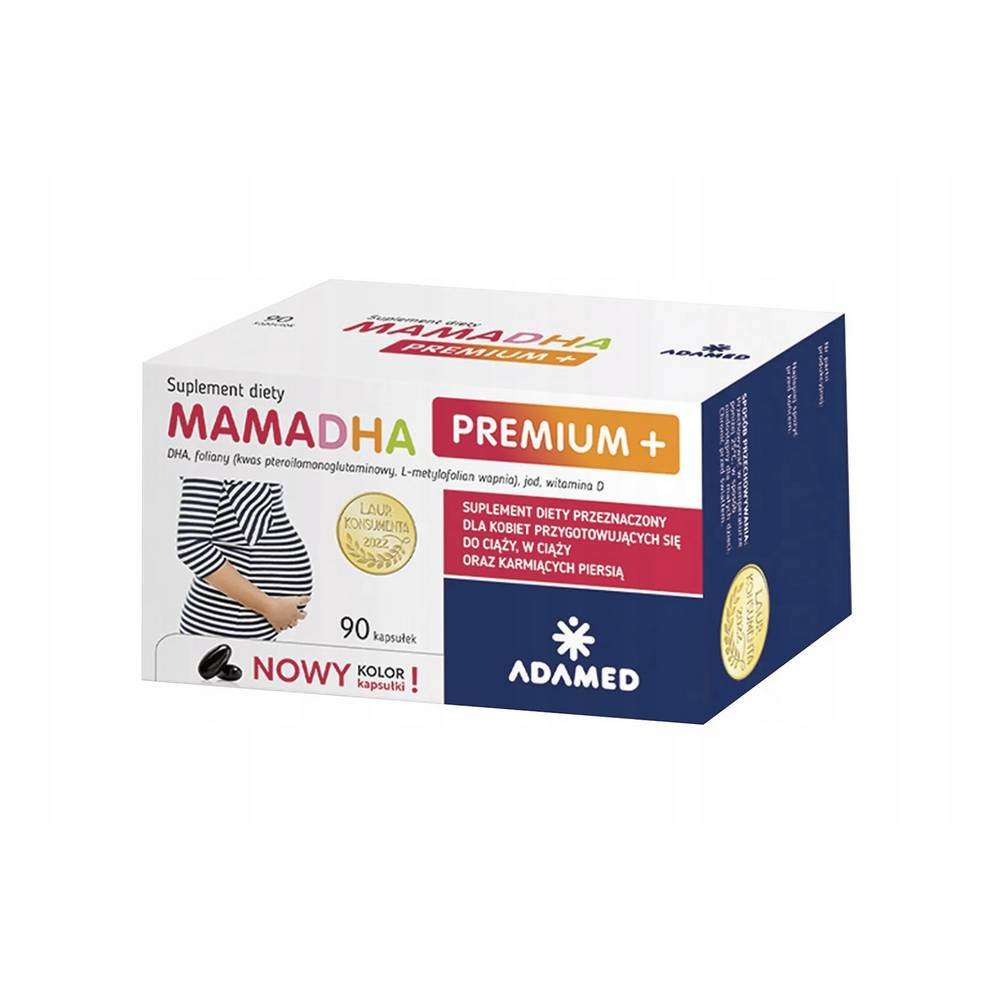 mamadha premium 90 kaps MamaDHA Premium+ es un suplemento dietético que contiene una composición cuidadosamente seleccionada de DHA, vitaminas y minerales, ingredientes que apoyan el cuerpo de una mujer que planea un embarazo, embarazada o lactante, así como el desarrollo adecuado del feto.