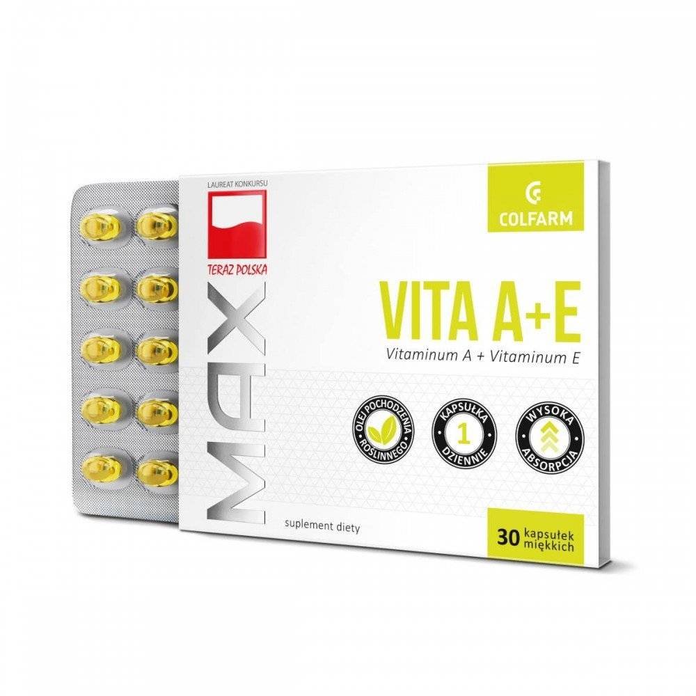 max vita a e capsules 30 pieces Max Vita A+E es un complemento alimenticio que contiene vitaminas A y E en aceite de girasol. Diseñado para personas interesadas en una piel sana y bella.