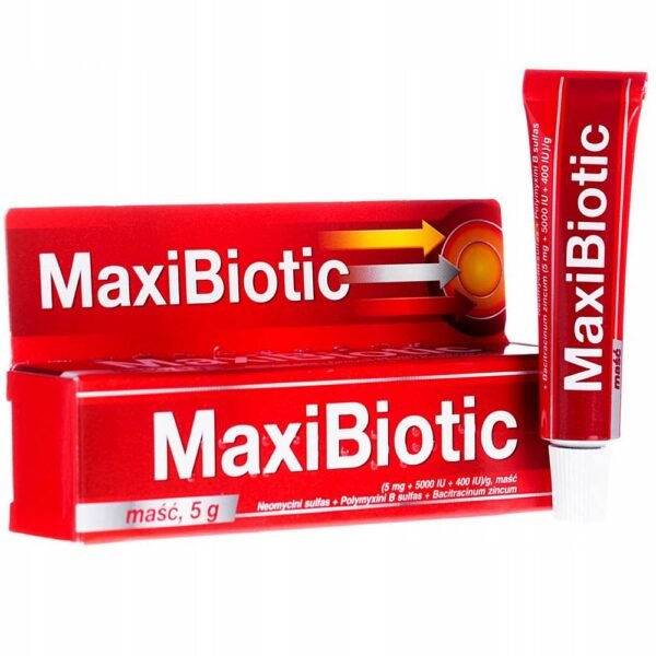 Maxibiotic in the form of an ointment, applied to the skin, is an antibacterial agent.