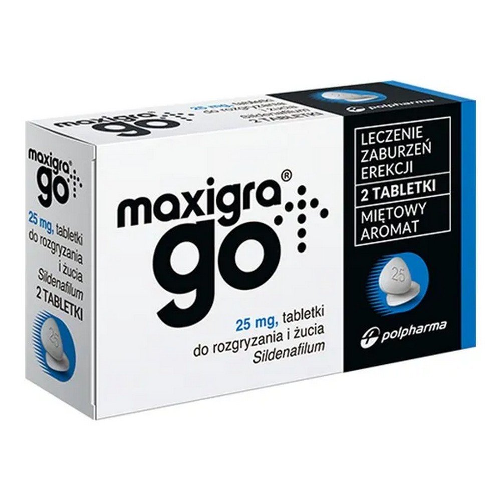 maxigra go 25 mg chewable tablets 2 pcs The drug Maxigra helps him relax the blood vessels in the penis and increase blood flow to the penis during sexual excitement. Sildenafil will only help you get an erection if you are sexually stimulated.