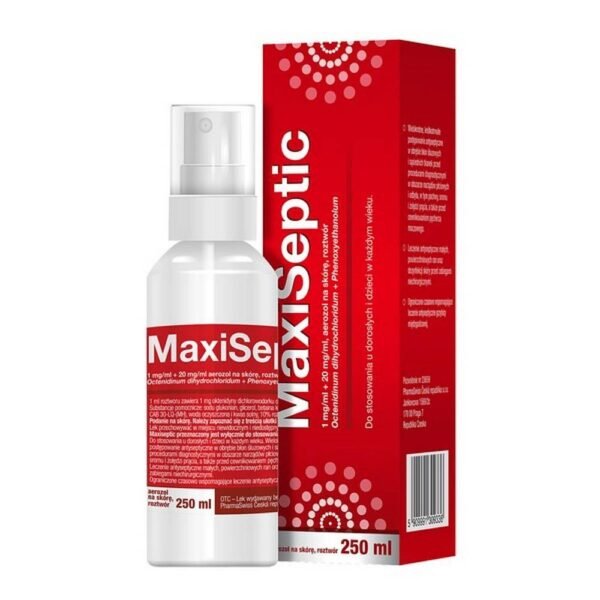 Maxiseptic is an antiseptic in the form of a skin spray that is applied to the skin or wounds to destroy microorganisms and infectious agents and prevent infections.