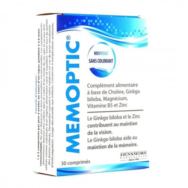 Memoptic tablet is a food supplement based on Ginkgo biloba, choline, magnesium, vitamin B5 and zinc.