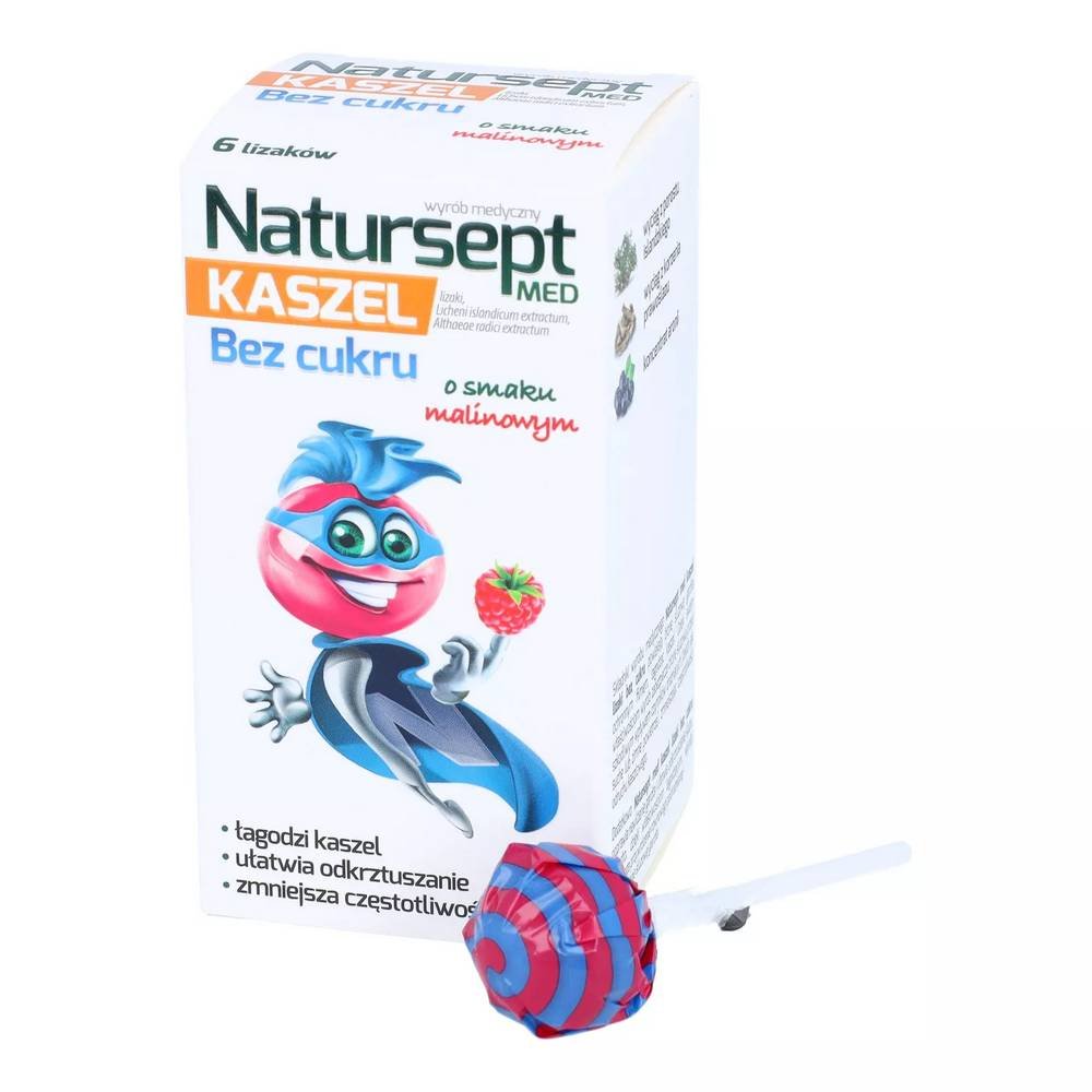 natursept med kaszel lizaki bez cukru o smaku malinowym 6 szt Натурсепр мед – пастилки для детей старше 3 лет, снижающие частоту кашлевого рефлекса (сухой кашель) и облегчающие отхаркивание выделений (влажный кашель).