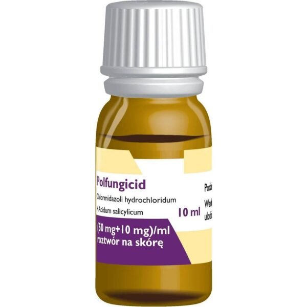 Polfungicide is a skin solution used to treat fungal and bacterial infections of the nails and skin, as well as fungal infections between the fingers and nails.