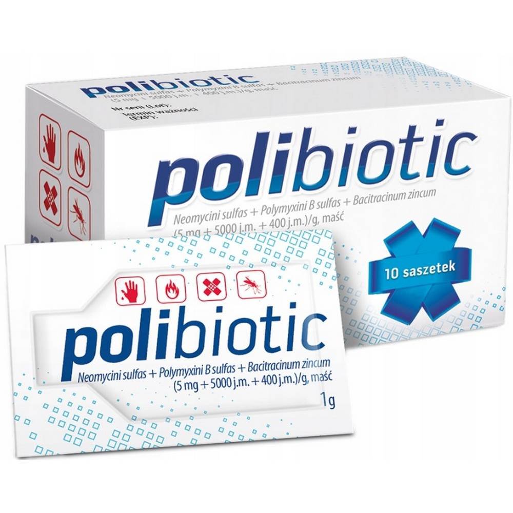polibiotic masc 1 g x 10 sasz Polybiotic is a medicine in the form of an ointment containing 3 antibiotics with a broad and complementary spectrum of antibacterial activity for skin infections, small wounds, burns and skin ulcers.