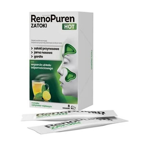 RenoPuren Zatoka Hot without sugar is a dietary supplement in powder form containing ingredients that support the functioning of the upper respiratory tract.