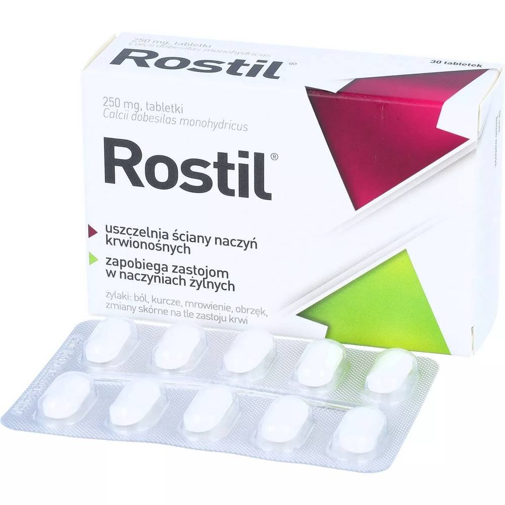 rostil 250 mg 30 tabletek Rostil contiene el ingrediente activo dobesilato de calcio monohidrato, que tiene un efecto vasoprotector y vasotonizante, reduce el estancamiento de la sangre en la circulación venosa y mejora la estanqueidad de los vasos linfáticos.