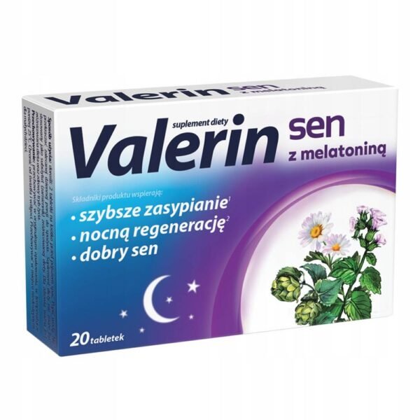 Aflofarm, Valerin Sen with melatonin is a dietary supplement in tablet form containing ingredients that support healthy sleep and regeneration.