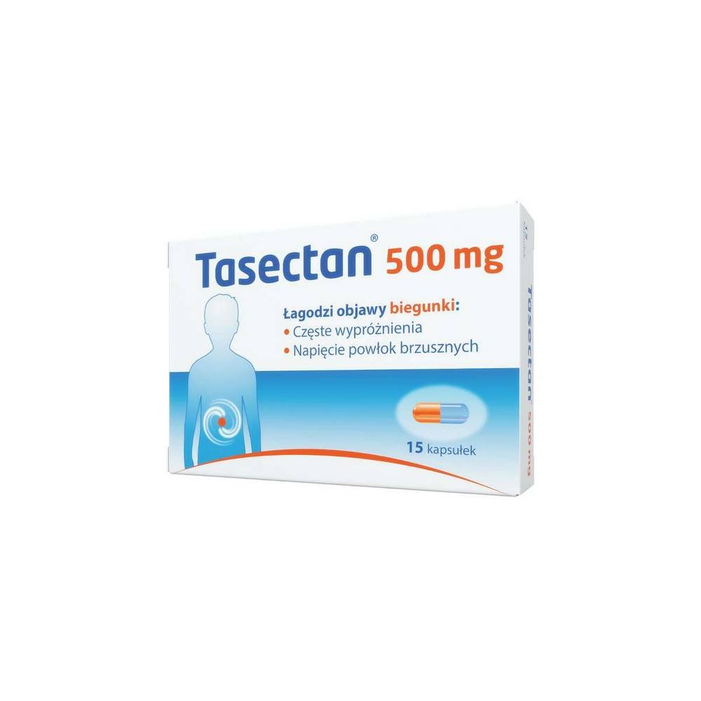 tasectan 500mg 15 kapsulek Tasectan is for the treatment of diarrhea, relieving symptoms such as frequent bowel movements and abdominal tension.