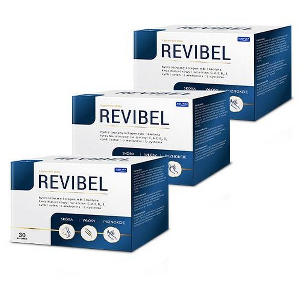 zestaw revibel hydrolizowany kolagen rybi 3 x 30 sasz REVIBEL es un complemento alimenticio que contiene un conjunto concentrado de principios activos, vitaminas y microelementos, diseñado para personas que quieren cuidar el buen estado de su cabello, piel y uñas.