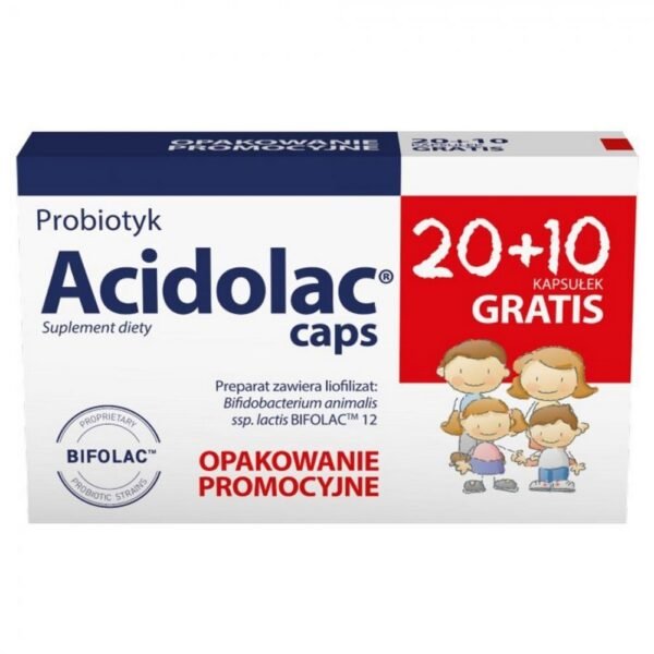Acidolac caps is a dietary supplement in capsule form containing lyophilized cultures of lactic acid bacteria Bifidobacterium Animalis ssp BIFOLACTM 12.