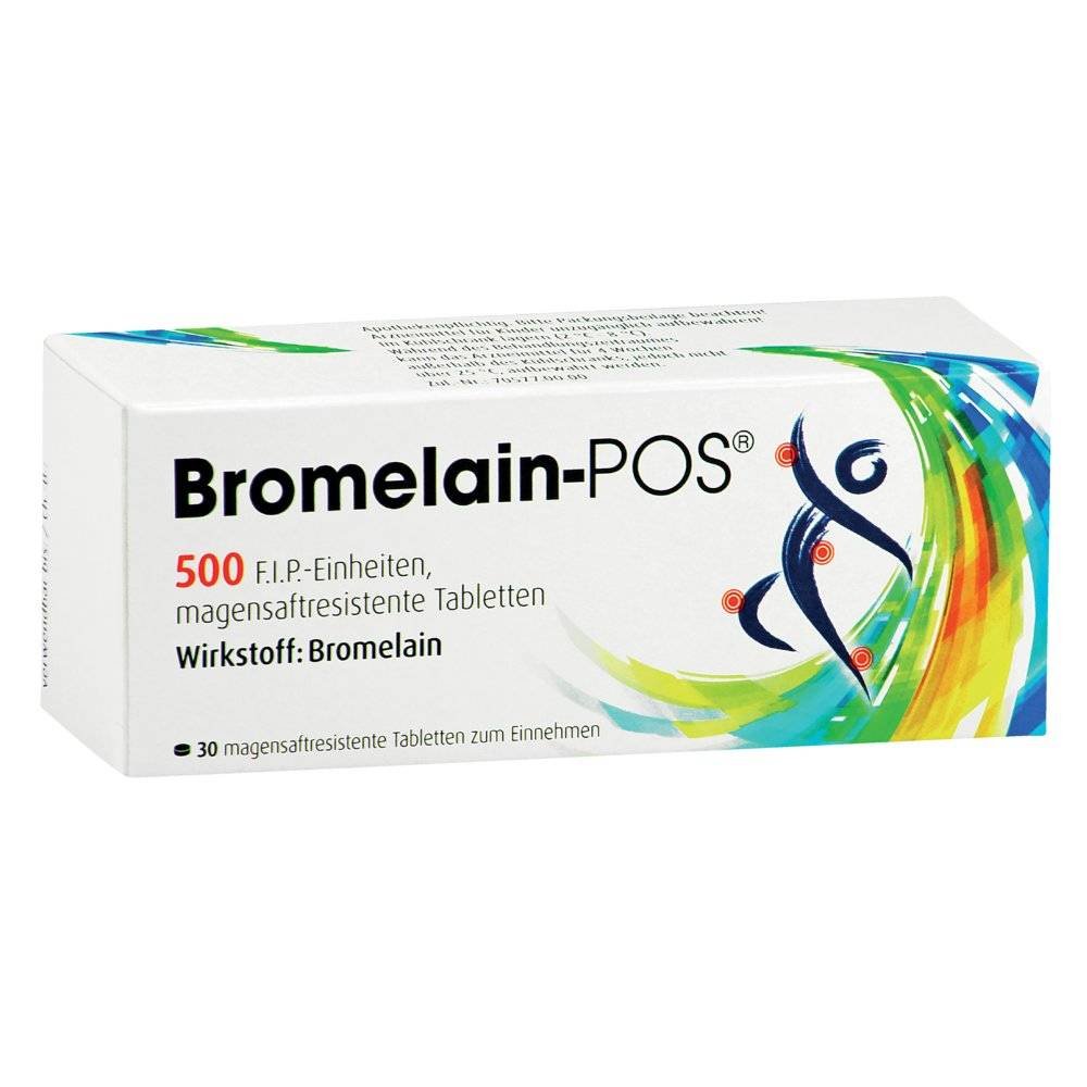 bromelain pos magensaftresistente tabletten 30 stk Bromelain-POS® is a herbal medicine used as an adjunctive treatment for acute swelling and bruising following surgery and trauma, especially of the nose and sinuses.