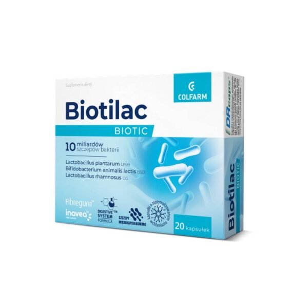 Colfarm Biotilac Biotic is a dietary supplement in capsule form with optimized absorption, containing 10 billion live bacterial cultures of three strains and soluble acacia fiber.