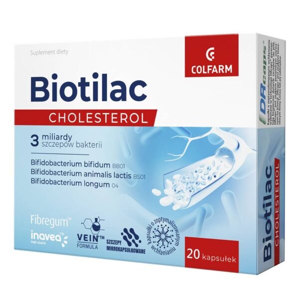 Biotic Cholesterol, formulated with 3 billion live bacterial cultures from three selected bacterial strains and Fibregum™ and Inavea™, soluble fibers from acacia.