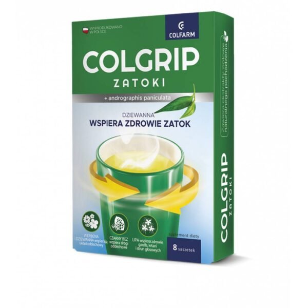 KOLGRIP ZATOKI is a dietary supplement that supports the health of the mucous membranes of the respiratory system and sinuses.