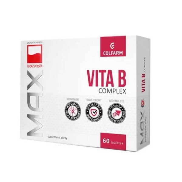 Max Vitaminum B Complex is a dietary supplement containing a complex of B vitamins that support the functioning of the nervous system.