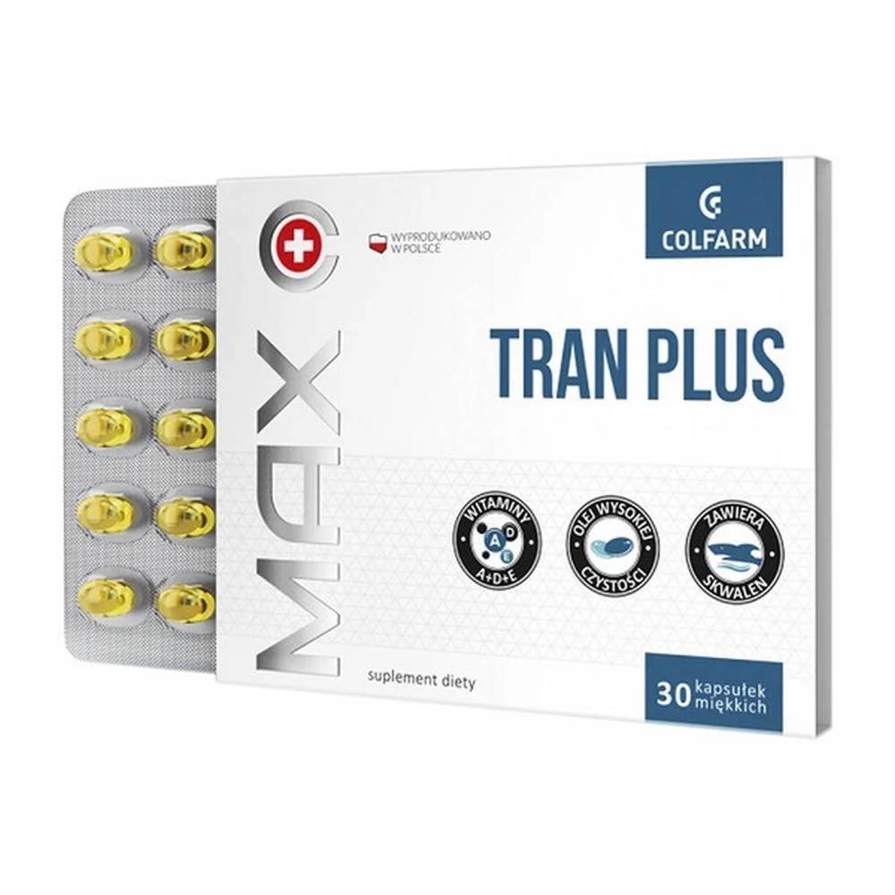 colfarm tran plus 30kaps Max Tran Plus est un complément alimentaire contenant de l'huile de foie de requin et des vitamines A, D et E.
