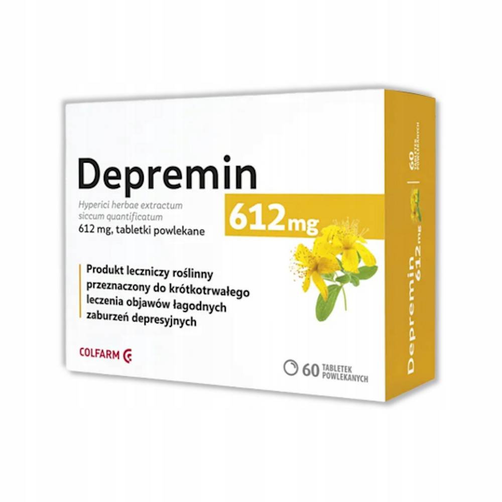 depremin 612 mg 60 tabl Depremin 612 mg film-coated tablets are an herbal medicine used for the short-term treatment of mild depressive disorders.