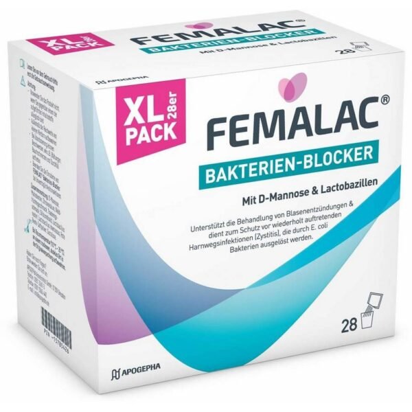 Femalac Bakterien-Blocker to support the treatment of bladder infections caused by E. coli bacteria and to protect against recurrent urinary tract infections (bladder infections or cystitis).