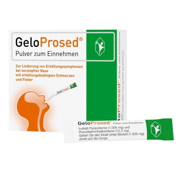 GeloProsed ® , a practical powder for oral use, relieves cold symptoms such as headaches, sore throats, body aches and fever that occur in combination with swelling of the nasal mucosa.