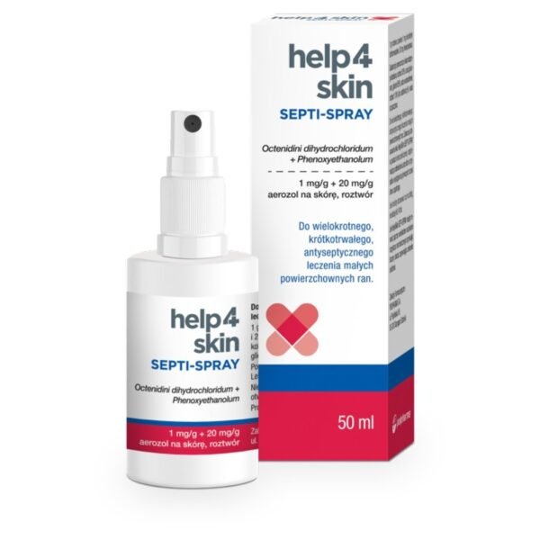 Help4Skin Septi-Spray is an antiseptic skin spray that is applied to the skin or wounds to kill microorganisms and infectious agents and prevent infections.
