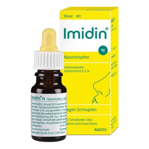 Imidine N Nasentropfen is used to reduce swelling of the nasal mucosa in rhinitis, runny nose (vasomotor rhinitis), allergic rhinitis.